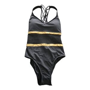 Bleu Rod Beattie Black and Gold Strappy One Piece Swimsuit, Size 10
